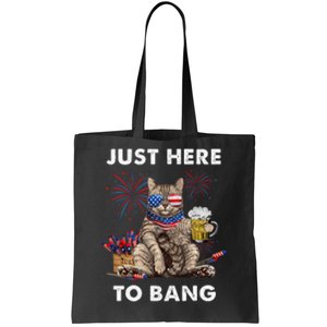 Just Here To Bang Usa Flag Funny Beer 4th Of July Cat Lover Tote Bag