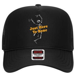 Just Here To Bone Funny Skull Skeleton Halloween Costume Pun High Crown Mesh Back Trucker Hat