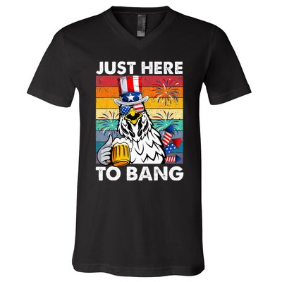 Just Here To Bang Chicken 4th Of July Us Flag Beer Drinking V-Neck T-Shirt