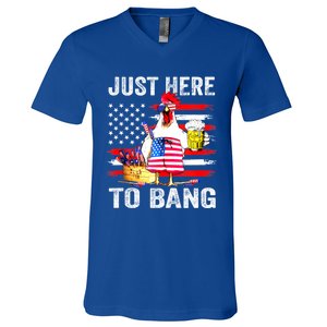 Just Here To Bang USA Flag Chicken Beer Firework 4th Of July V-Neck T-Shirt