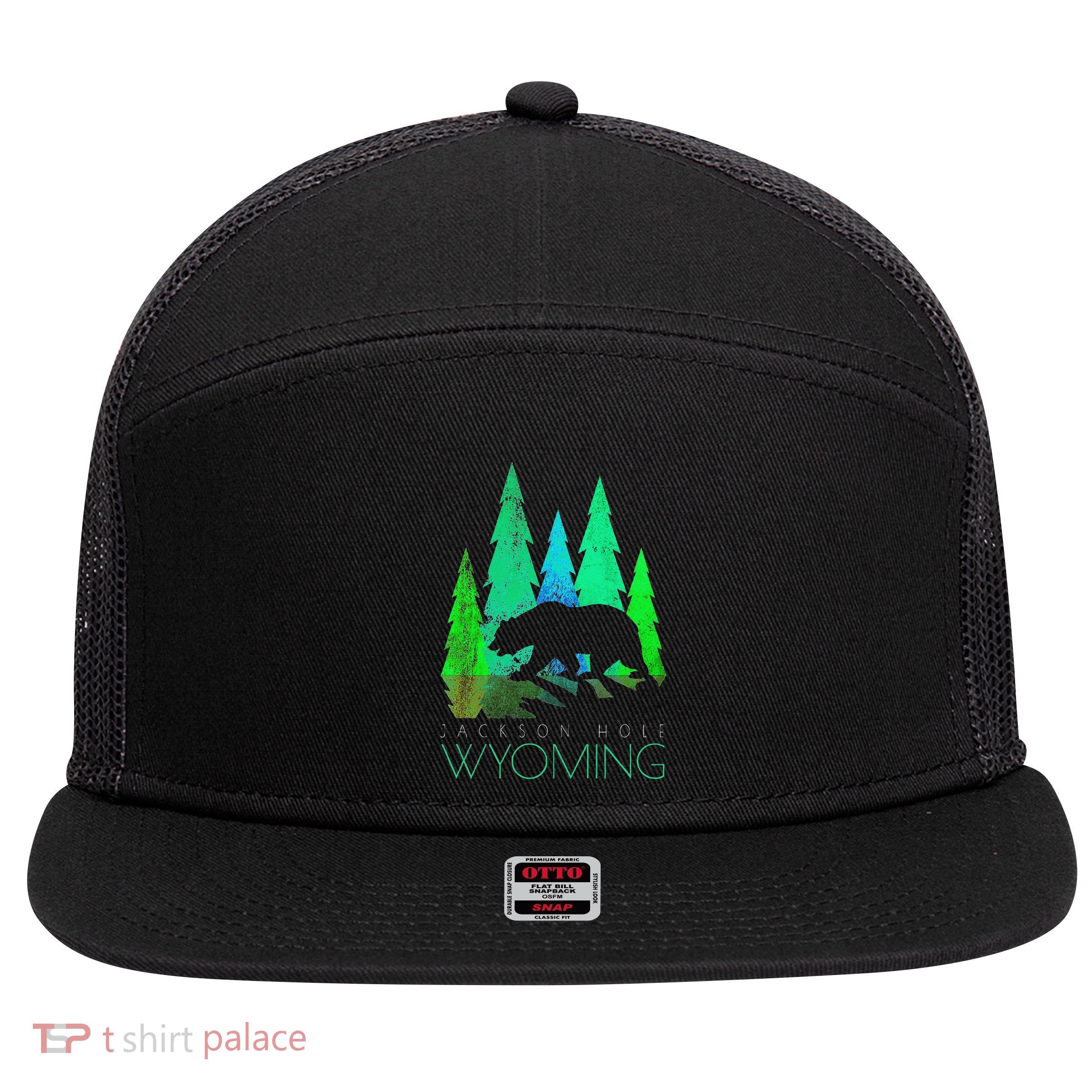 Jackson Hole Wyoming Bear And Trees Jackson Hole 7 Panel Mesh Trucker Snapback Hat