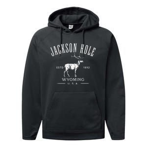 Jackson Hole Wyoming USA Estd 1892 with Elk Souvenir Design Performance Fleece Hoodie