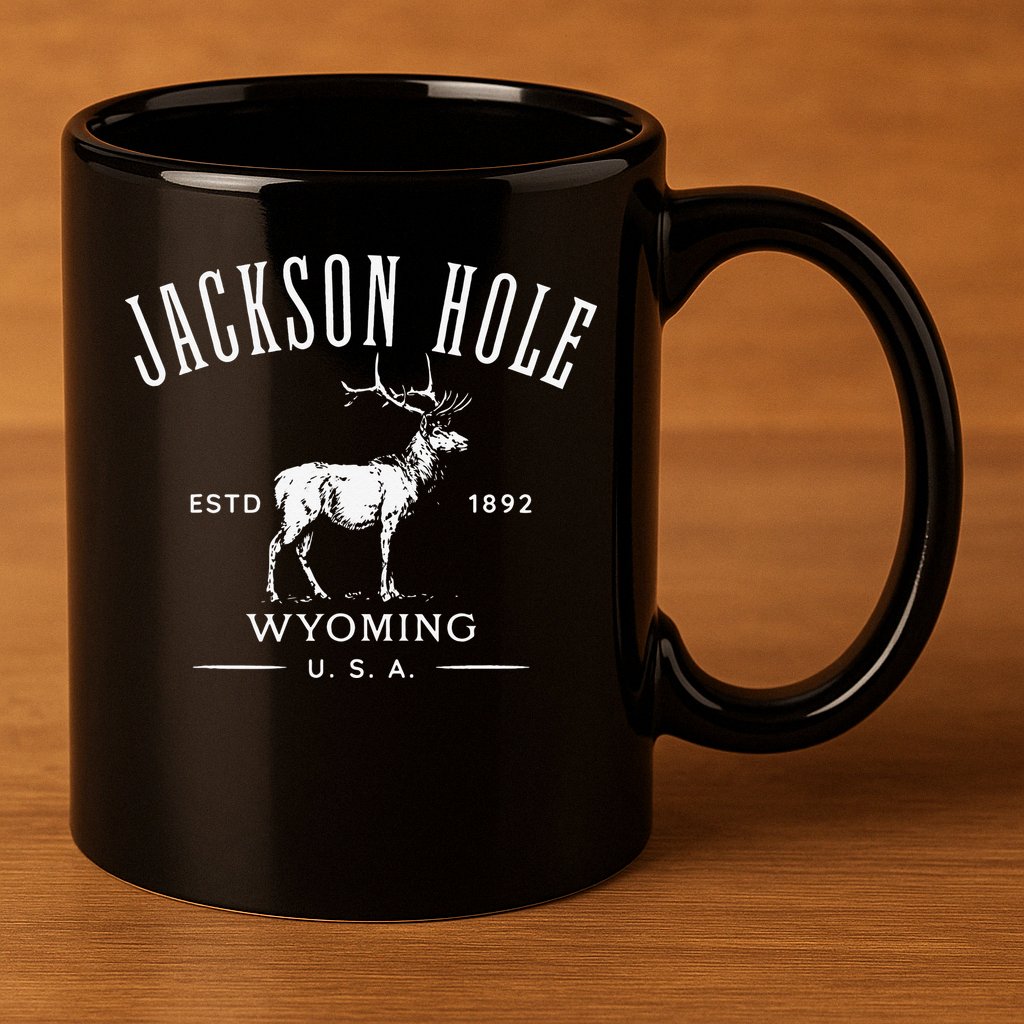 Jackson Hole Wyoming USA Estd 1892 with Elk Souvenir Design 11oz C Handle Ceramic Mug