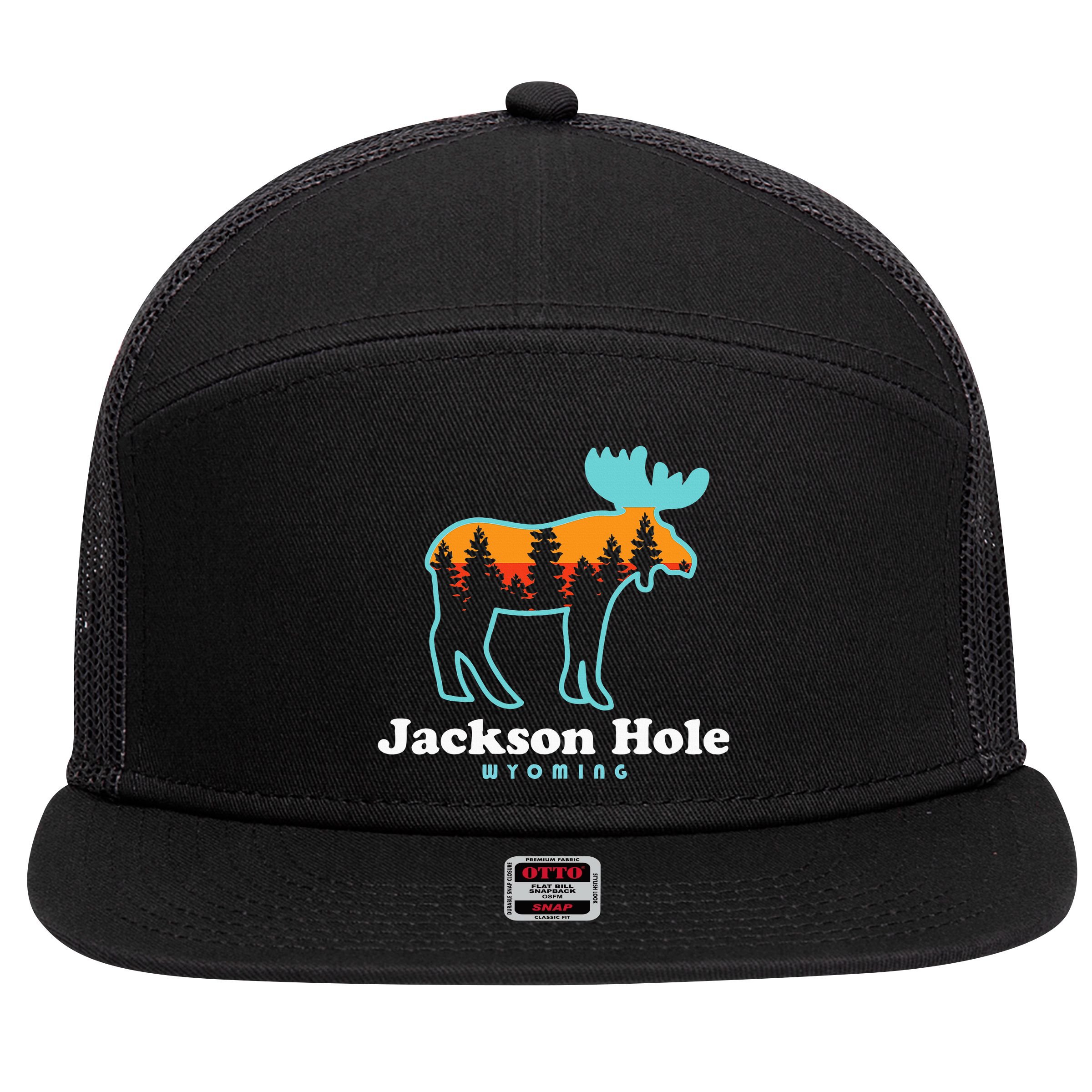 Jackson Hole Wyoming Moose Mountains Grand Tetons 7 Panel Mesh Trucker Snapback Hat