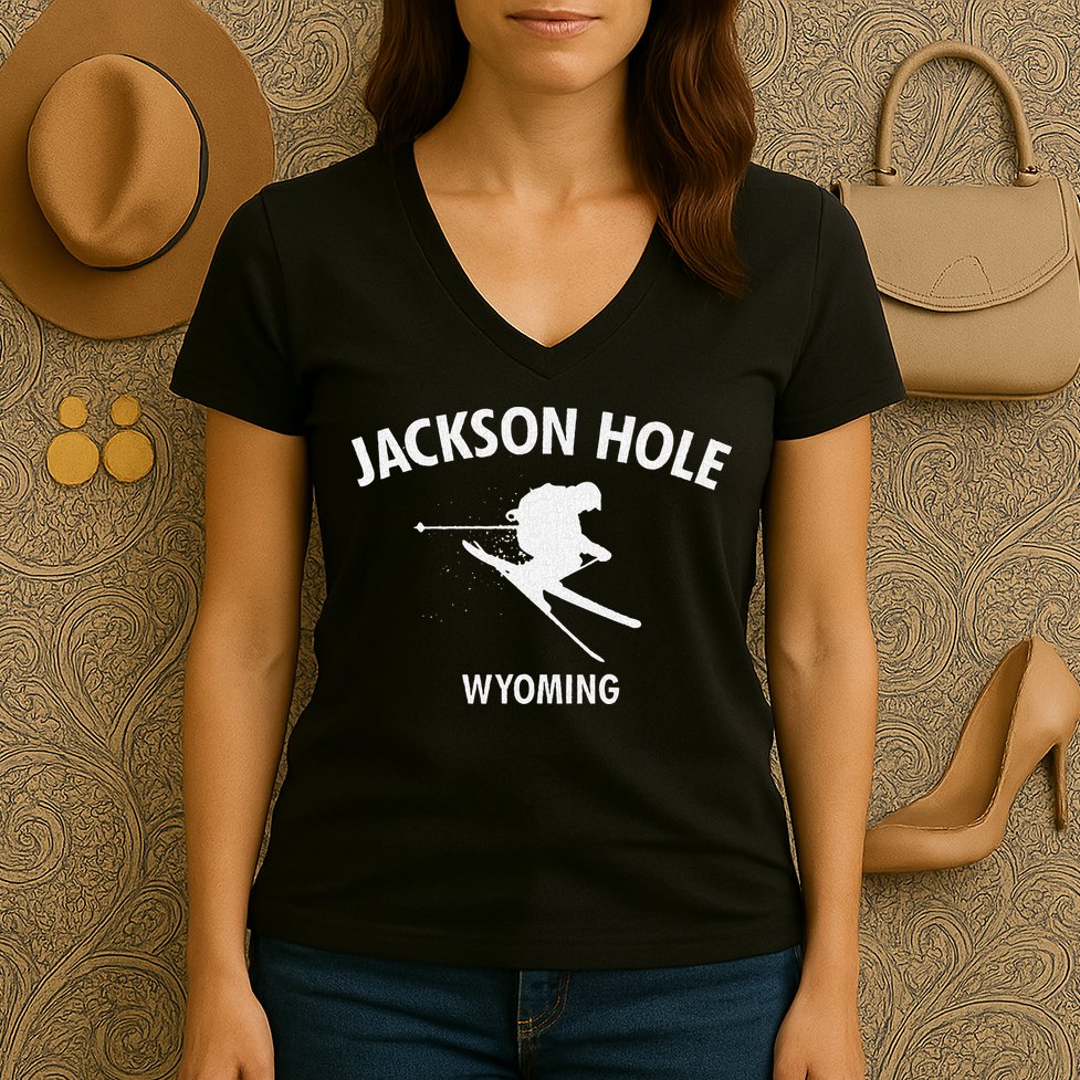 Jackson Hole Wyoming Skiing Women's V-Neck T-Shirt