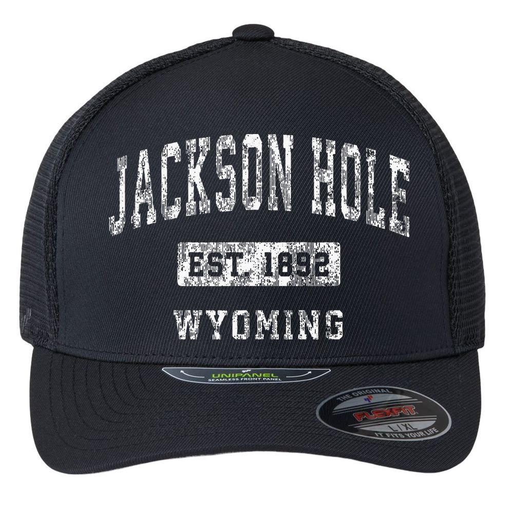 Jackson Hole Wyoming WY Vintage Established Sports Design Flexfit Unipanel Trucker Cap