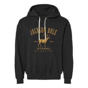 Jackson Hole Wyoming USA Estd 1892 with Elk Souvenir Design Garment-Dyed Fleece Hoodie