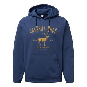 Jackson Hole Wyoming USA Estd 1892 with Elk Souvenir Design Performance Fleece Hoodie