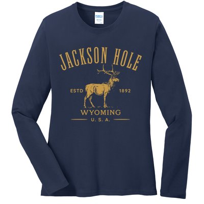 Jackson Hole Wyoming USA Estd 1892 with Elk Souvenir Design Ladies Long Sleeve Shirt