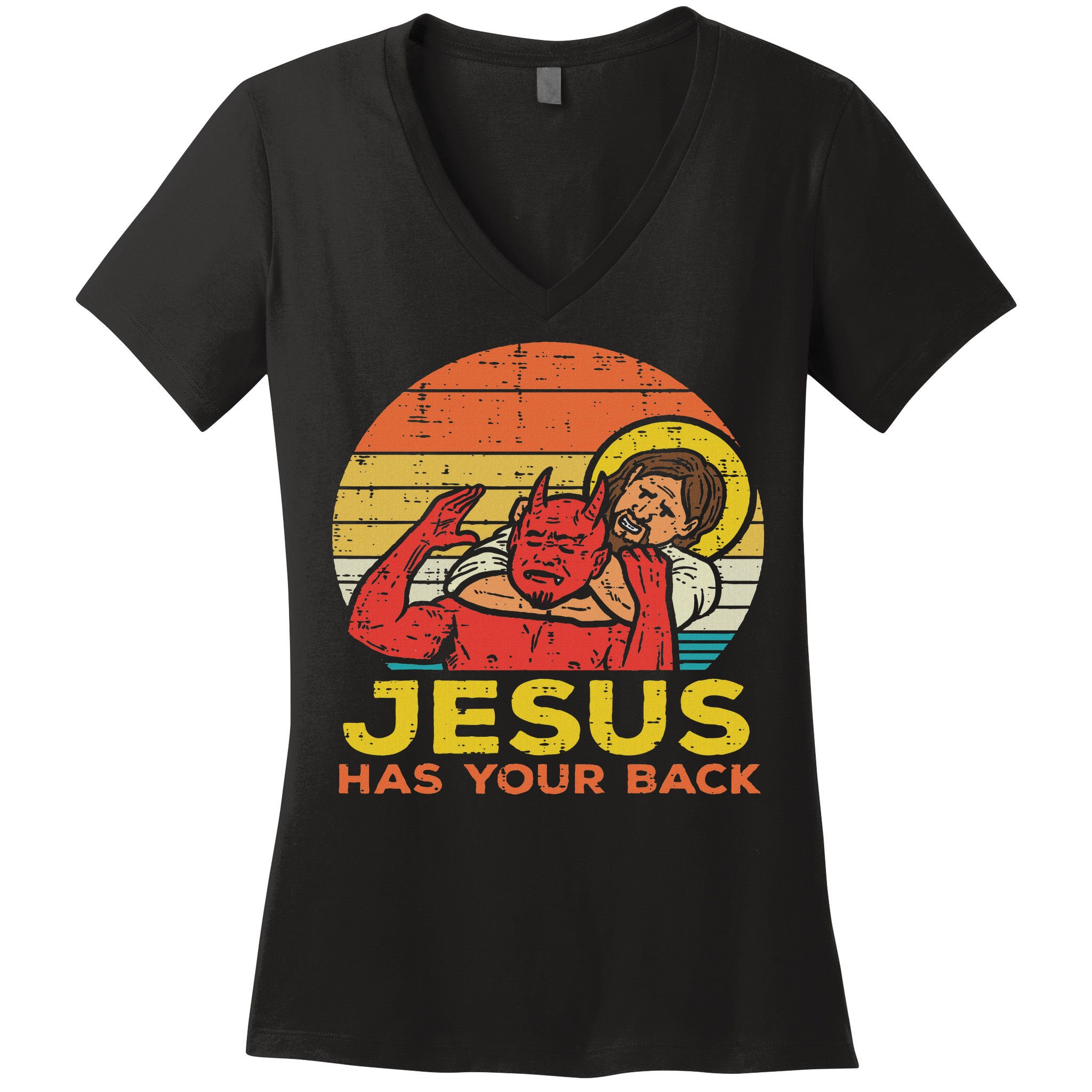 Jesus Has Your Back Jiu Jitsu Retro Christian Women Women's V-Neck T-Shirt