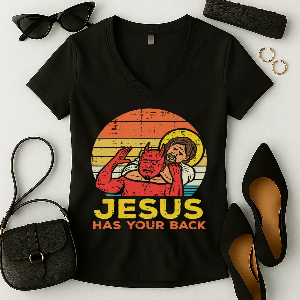 Jesus Has Your Back Jiu Jitsu Retro Christian Women Women's V-Neck T-Shirt