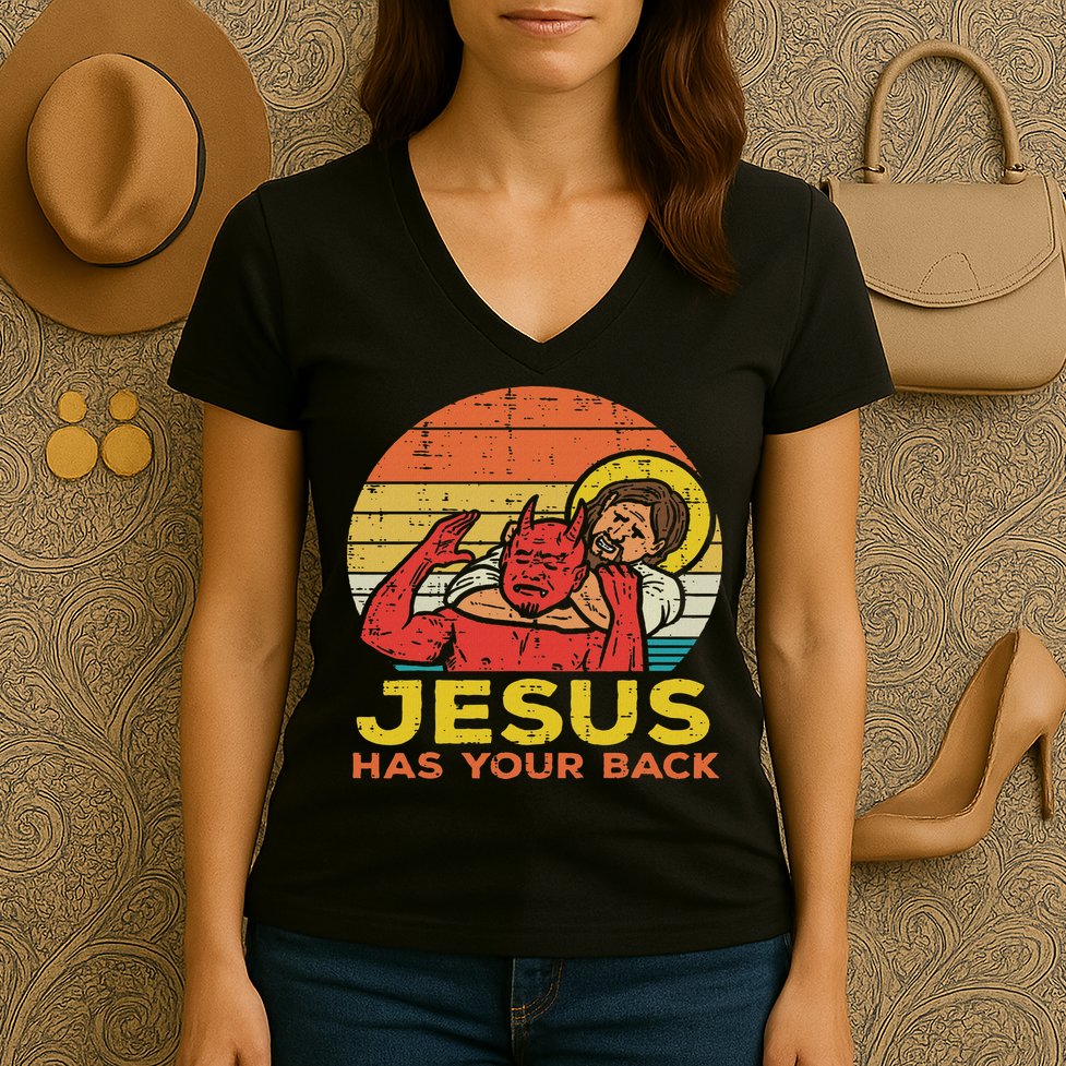 Jesus Has Your Back Jiu Jitsu Retro Christian Women Women's V-Neck T-Shirt