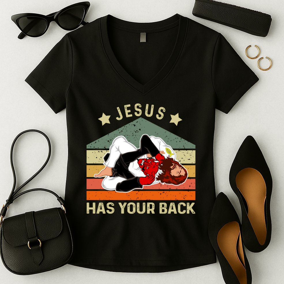 Jesus Has Your Back Brazilian Jiu Jitsu Jesus Women's V-Neck T-Shirt