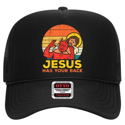 Jesus Has Your Back Jiu Jitsu Retro Christian Men Women High Crown Mesh Back Trucker Hat