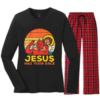 Jesus Has Your Back Jiu Jitsu Retro Christian Men Women Women's Long Sleeve Flannel Pajama Set 