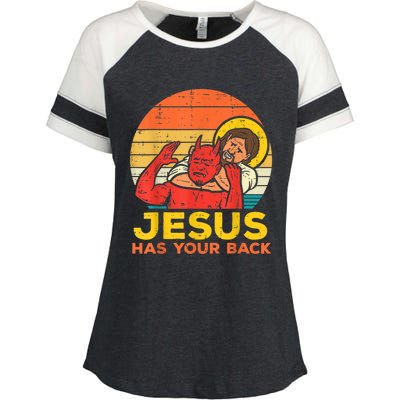 Jesus Has Your Back Jiu Jitsu Retro Christian Men Women Enza Ladies Jersey Colorblock Tee