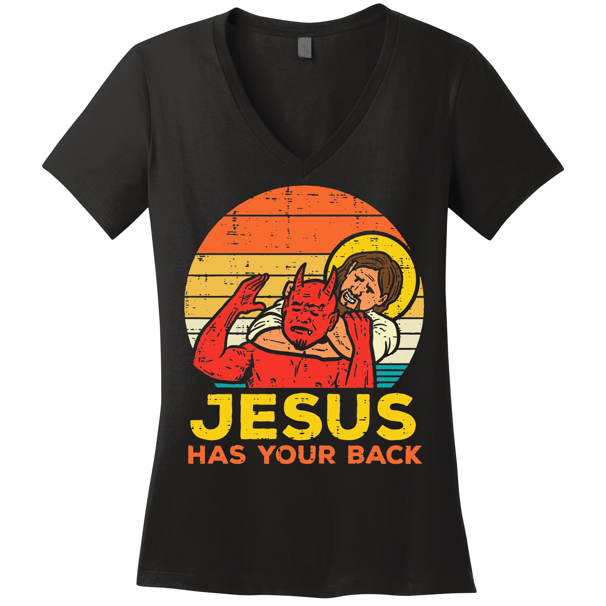 Jesus Has Your Back Jiu Jitsu Retro Christian Men Women Kids Women's V-Neck T-Shirt