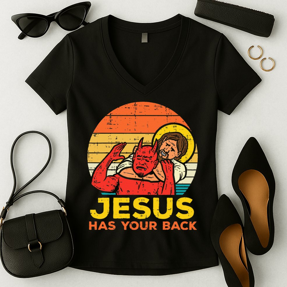 Jesus Has Your Back Jiu Jitsu Retro Christian Men Women Kids Women's V-Neck T-Shirt