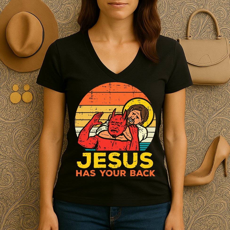 Jesus Has Your Back Jiu Jitsu Retro Christian Men Women Kids Women's V-Neck T-Shirt