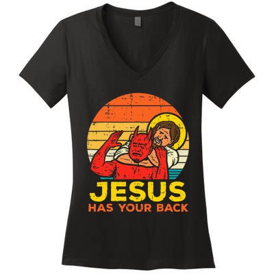 Jesus Has Your Back Jiu Jitsu Retro Christian Women's V-Neck T-Shirt