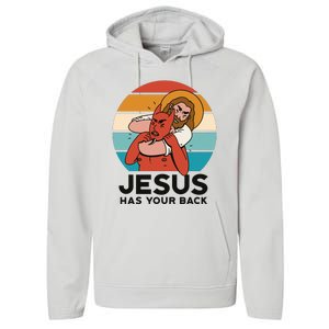 Jesus Has Your Back Fighting Devil Retro Sunset Performance Fleece Hoodie