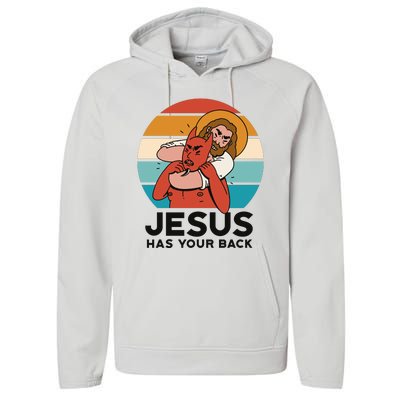 Jesus Has Your Back Fighting Devil Retro Sunset Performance Fleece Hoodie