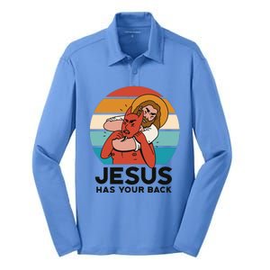 Jesus Has Your Back Fighting Devil Retro Sunset Silk Touch Performance Long Sleeve Polo