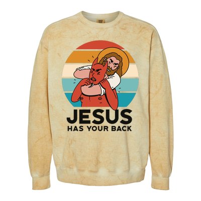 Jesus Has Your Back Fighting Devil Retro Sunset Colorblast Crewneck Sweatshirt