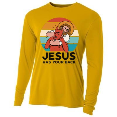 Jesus Has Your Back Fighting Devil Retro Sunset Cooling Performance Long Sleeve Crew