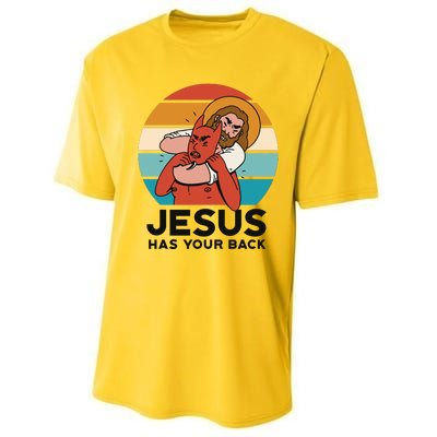 Jesus Has Your Back Fighting Devil Retro Sunset Performance Sprint T-Shirt