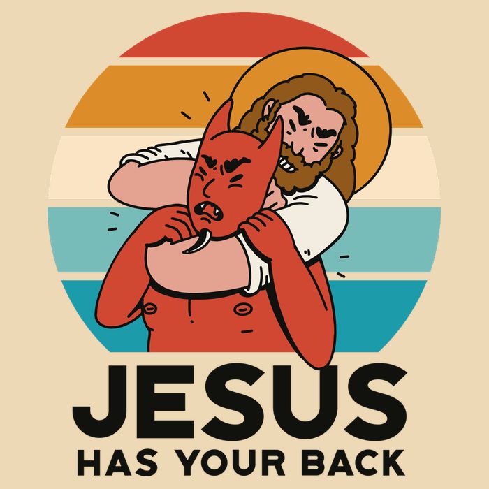 Jesus Has Your Back Fighting Devil Retro Sunset Drawstring Bag