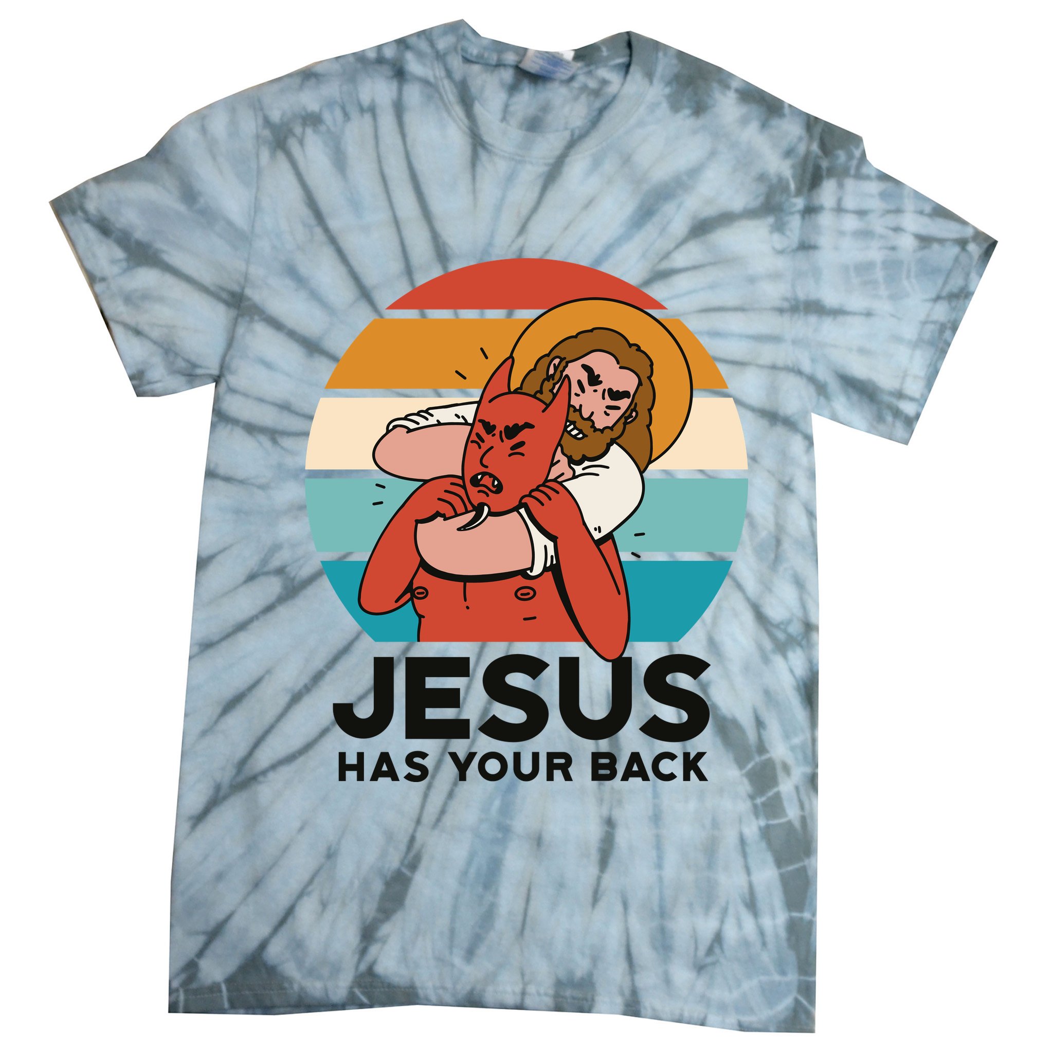 Jesus Has Your Back Fighting Devil Retro Sunset Tie-Dye T-Shirt