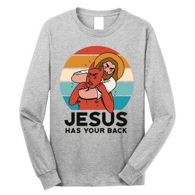 Jesus Has Your Back Fighting Devil Retro Sunset Long Sleeve Shirt