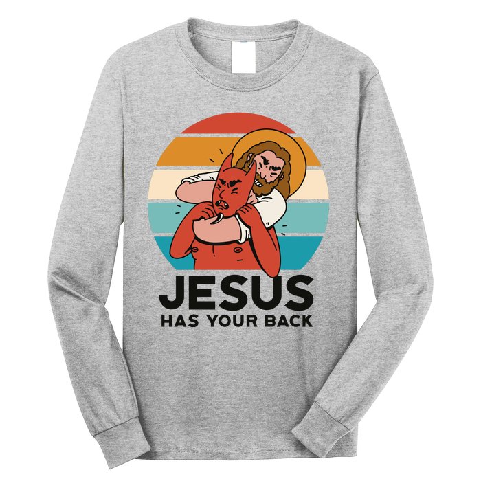 Jesus Has Your Back Fighting Devil Retro Sunset Long Sleeve Shirt