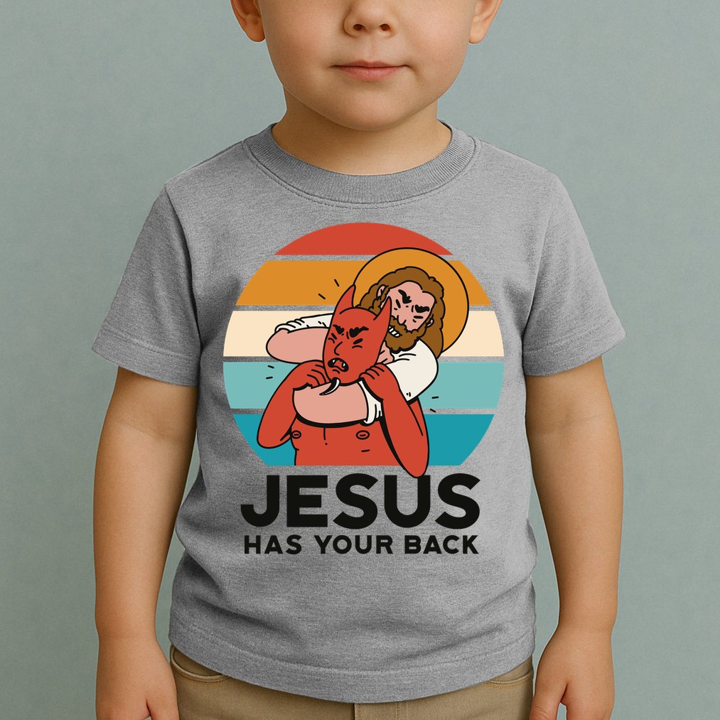 Jesus Has Your Back Fighting Devil Retro Sunset Toddler T-Shirt