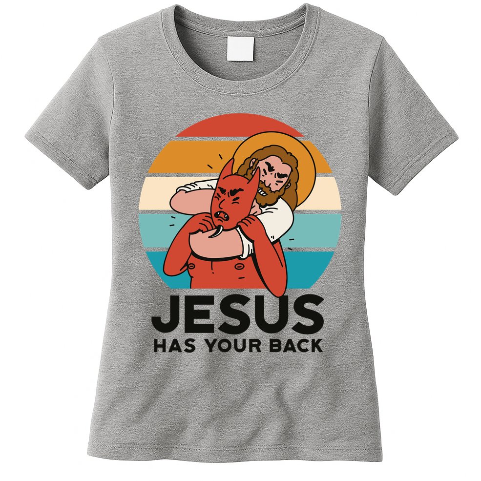 Jesus Has Your Back Fighting Devil Retro Sunset Womens T-Shirt