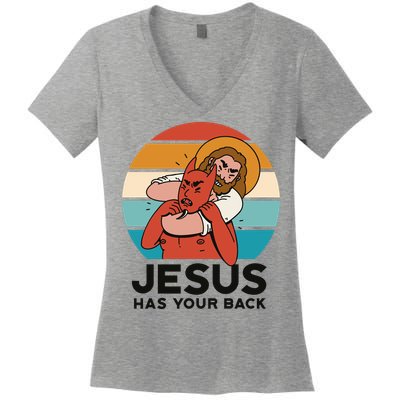 Jesus Has Your Back Fighting Devil Retro Sunset Women's V-Neck T-Shirt