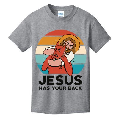 Jesus Has Your Back Fighting Devil Retro Sunset Kids T-Shirt