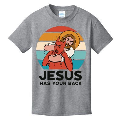 Jesus Has Your Back Fighting Devil Retro Sunset Kids T-Shirt