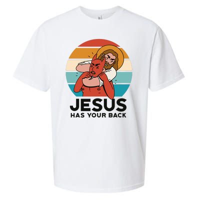 Jesus Has Your Back Fighting Devil Retro Sunset Sueded Cloud Jersey T-Shirt