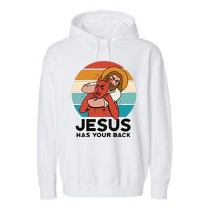 Jesus Has Your Back Fighting Devil Retro Sunset Garment-Dyed Fleece Hoodie