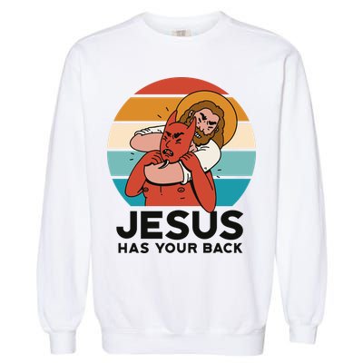 Jesus Has Your Back Fighting Devil Retro Sunset Garment-Dyed Sweatshirt