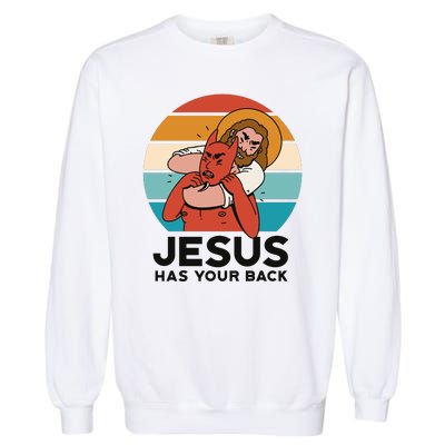 Jesus Has Your Back Fighting Devil Retro Sunset Garment-Dyed Sweatshirt