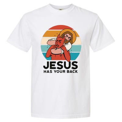 Jesus Has Your Back Fighting Devil Retro Sunset Garment-Dyed Heavyweight T-Shirt