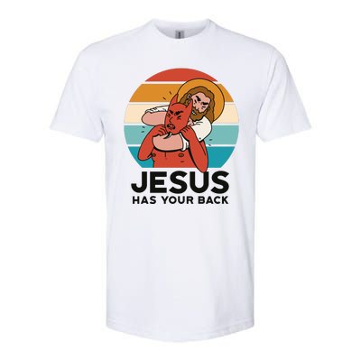 Jesus Has Your Back Fighting Devil Retro Sunset Softstyle® CVC T-Shirt