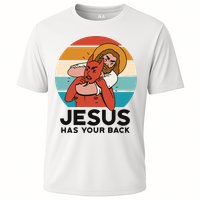 Jesus Has Your Back Fighting Devil Retro Sunset Cooling Performance Crew T-Shirt