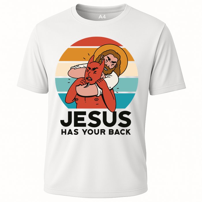 Jesus Has Your Back Fighting Devil Retro Sunset Cooling Performance Crew T-Shirt