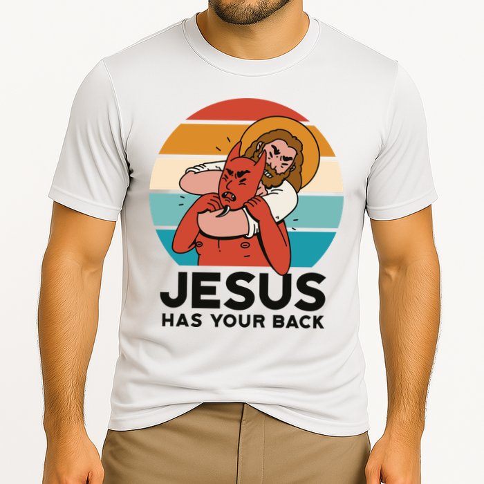 Jesus Has Your Back Fighting Devil Retro Sunset Cooling Performance Crew T-Shirt
