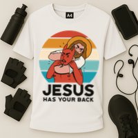 Jesus Has Your Back Fighting Devil Retro Sunset Cooling Performance Crew T-Shirt