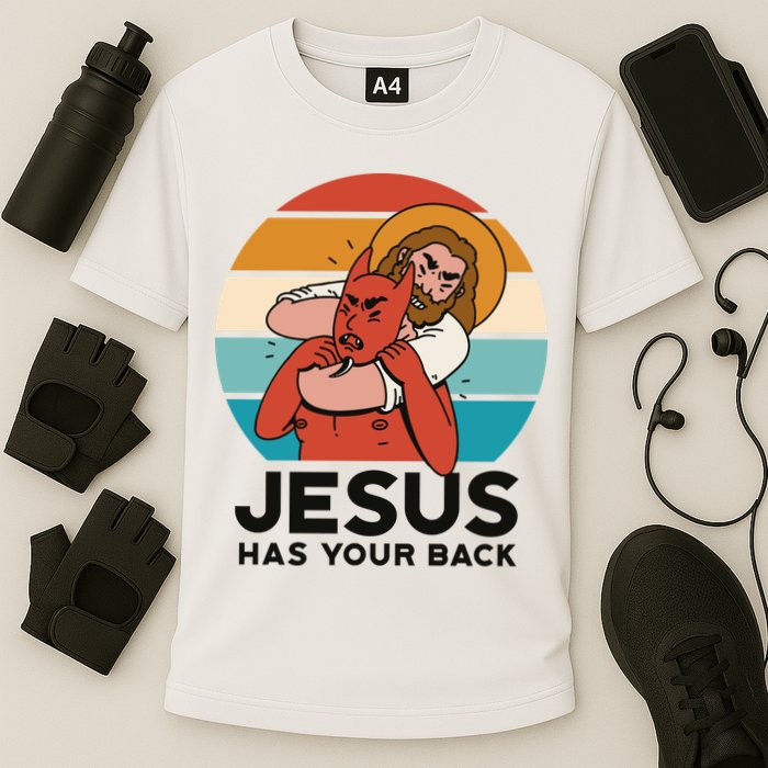 Jesus Has Your Back Fighting Devil Retro Sunset Cooling Performance Crew T-Shirt
